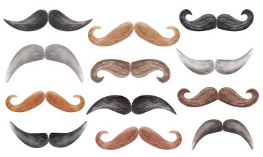 Suluboya çizimleri. Bir çift bıyık. El boyası siyah, kahverengi, kırmızı ve gri bıyıklar. Yüz kılları. Berber, kuaför. Babalar Günü. Beyaz arkaplanda izole klip sanatı