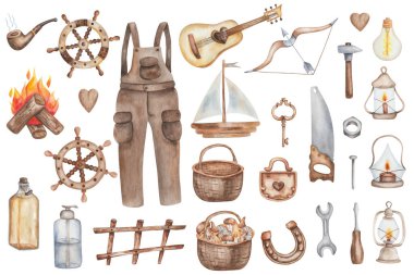 Suluboya çizimleri. Erkekler hazır. Elle boyanmış aletler, ahşap tekne, sigara piposu, gitar, dümen. Yay, ok. Testere, çekiç, çivi, tornavida, vida. Babalar günü için ayrı bir klip sanatı.