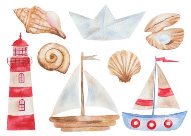 Suluboya çizimleri. Deniz seti. Elle boyanmış yelkenli, ahşap tekne, origami kağıt tekne. Deniz sarmalı kabukları, deniz tarağı, incili istiridye. Deniz feneri, deniz feneri. İzole edilmiş denizci, plaj klipsi sanatı.