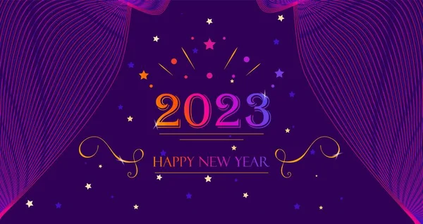 Krásný Prapor Pro Nový Rok 2023 Tmavomodrém Pozadí Pestrobarevnými Hvězdami — Stockový vektor