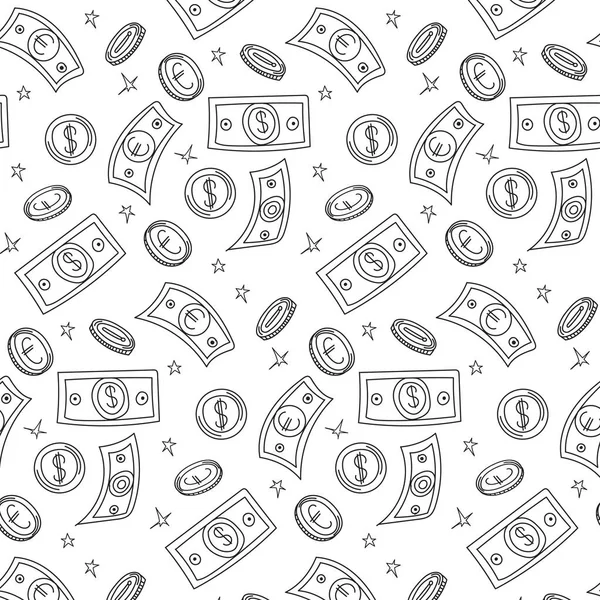 Seamless Pattern Flying Money Banknotes Coins Hand Drawn Doodle Style — Stock Vector