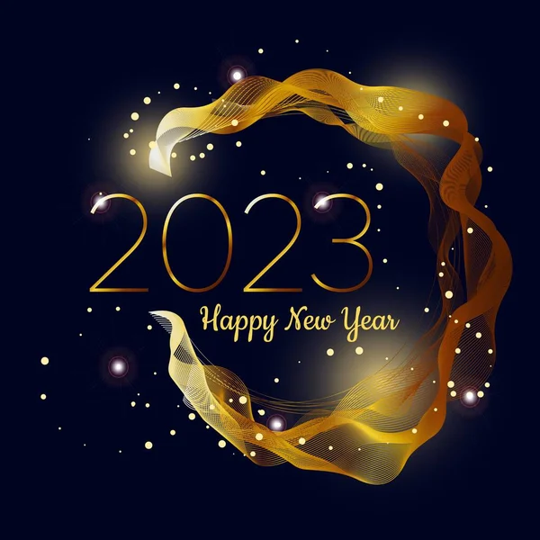 Šťastný Nový Rok2023 Pozdrav Prapor Nočním Pozadí Zlatými Vlnami Zářící — Stockový vektor