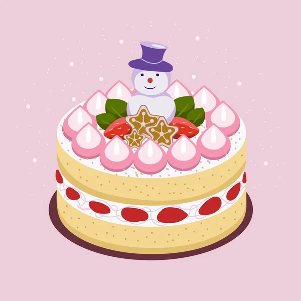 Торт Новый Год Изолированный Элемент Дизайна Розовом Фоне Клубникой Снеговиком — стоковый вектор