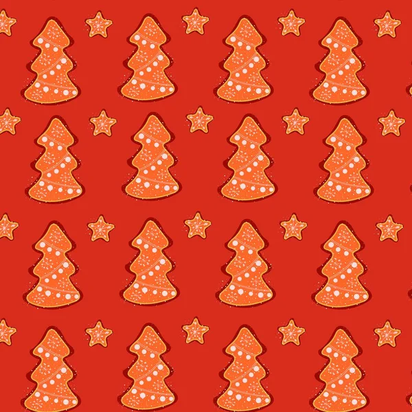 Nahtloses Muster Mit Weihnachtsbäumen Sternen Und Schneeflocken Auf Rotem Hintergrund — Stockvektor