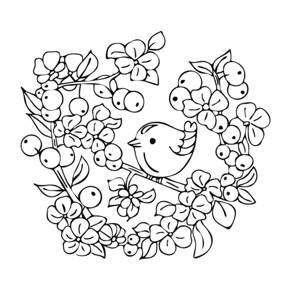 Ručně Kreslený Pták Větvi Květinami Kniha Barev Ilustrací — Stockový vektor