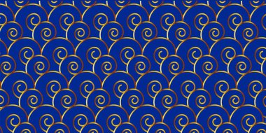 Geleneksel Çin tarzı, altın dalgalı mavi arka plan. Geleneksel Çin Yeni Yılı afişi. Kartpostallar, düzenler, yazdırma, paketleme, broşür, davetiye için kusursuz desen