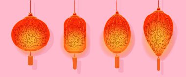 Süslü, izole edilmiş tasarım elementleriyle yanan bir dizi Çin feneri. Vektör illüstrasyonu. 