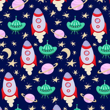 Kusursuz roket desenleri, UFO 'lar, yıldızlar, mavi uzay arka planındaki gezegenler. El çizimi vektör çizimi. Yazdırma, kumaş, kağıt, tatil, kapak, post için çocuk süsü çizimi.