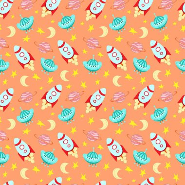 Hand drawn seamless pattern rocket, planet, ufo, stars. Outer space on orange background. Design for fabric, print, packaging, paper packaging 