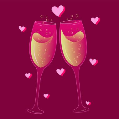 Pair of glasses with wine or champagne with hearts valentine's day, birthday, anniversary, party, holiday. Isolated design element on  crimson background. Hand drawn flat style. 
