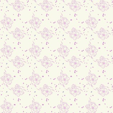 Seamless pattern of pink flowers. Hand drawn doodle cherry blossom. Design for background, fabric, print, paper, wrapping paper, cover, postcard, backdrop.