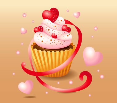 Vector illustration of cream cake hearts red and pink with ribbon. Holiday design for greeting card, post, flyer, poster, party, social media. Isolated design element. 