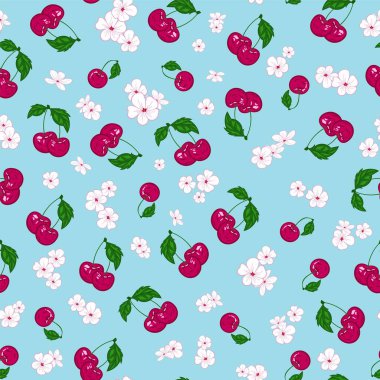 Seamless pattern ornament of berries and cherry blossoms on blue background. Hand-drawn vector illustration. Design for wallpaper, background, print, fabric, packaging, paper. 