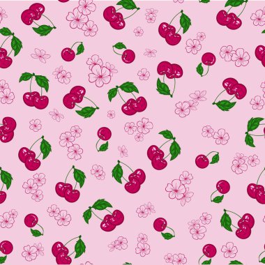 Seamless pattern of flower and berry blossoming cherry on pink background. Hand drawn floral ornament. Design for wallpaper, wrapping, print, fabric, wrapping paper, cover. 