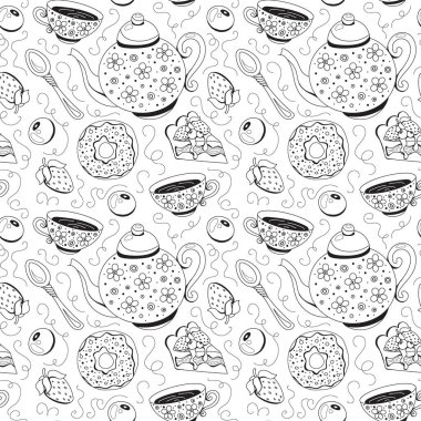 Kusursuz desenli duvar kağıdı süslemesi beyaz arka planda tatlı bir kahvaltı. Bardak, çörek, çaydanlık, turta, kaşık karalama. Siyah ve beyaz vektör el çizimi. 