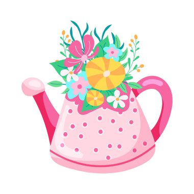 Hand drawn garden watering can with garden flowers flat style colored doodle. Isolated design element on white background. Graphic decorative illustration for greeting card, post, holiday, birthday, spring, summer. 