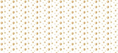 Seamless golden pattern on white background. Simple gold texture dots, circles and stars. Endless festive packaging design, wallpaper, paper packaging, paper. Vector graphic illustration 