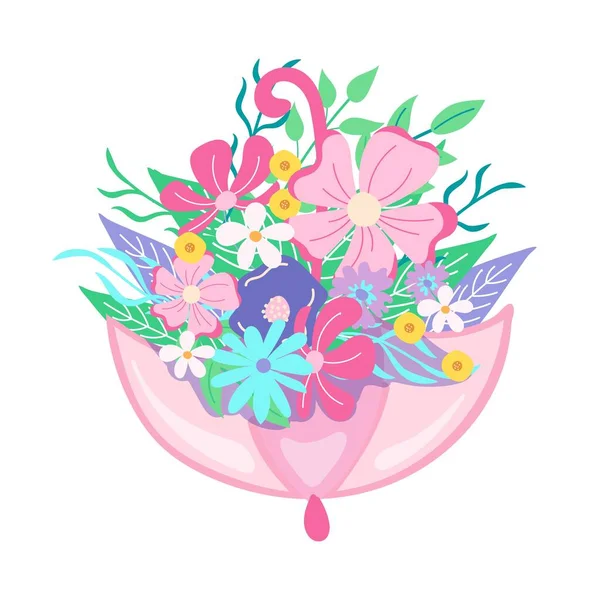 Hand Drawn Pink Umbrella Garden Flowers Flat Style Colored Doodle — Archivo Imágenes Vectoriales
