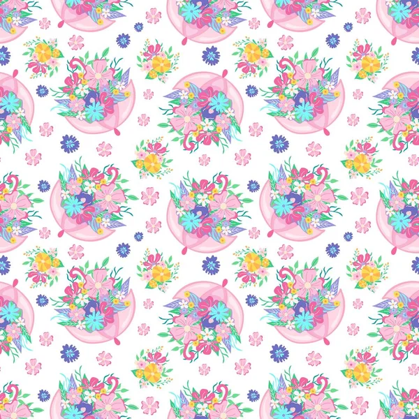 Nahtloses Muster Bemalter Frühlingsblumen Rosa Regenschirmen Auf Weißem Hintergrund Vector — Stockvektor