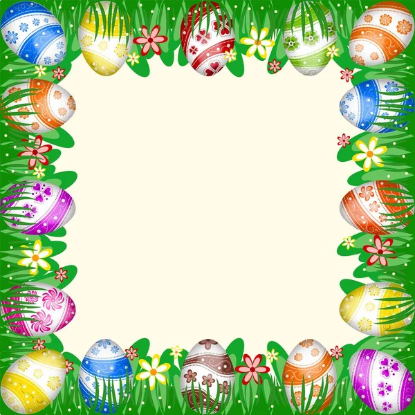 Wielkanocne Tło Jajkami Kwiatami Liśćmi Łąki Szablon Post Okładka Ulotka — Wektor stockowy