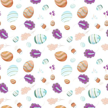 Beyaz arka planda yumurtalar ve çayır çiçekleri olan kusursuz Paskalya arkaplan deseni. Çizgi film tarzında elle çizilmiş. Kumaş, duvar kağıdı, arkaplan, kapak, ambalaj kağıdı, dijital kağıt için tasarım.