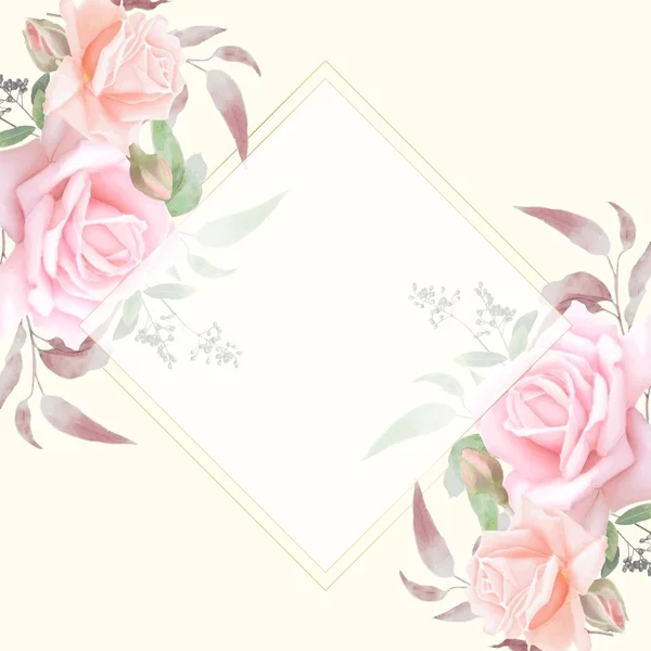 ピンクのバラと金のフレームを描いた美しく ロマンチックな水彩の花のフレーム 結婚式の招待状 誕生日 休日のためのベクトル花テンプレート デザイン要素 — ストックベクタ