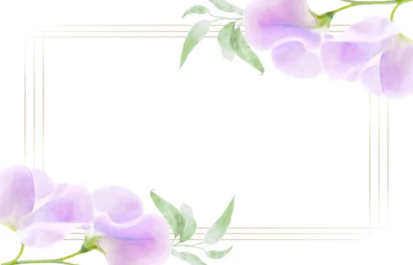 Elegante Acuarela Marco Flores Oro Con Flores Púrpura Marco Verde — Archivo Imágenes Vectoriales