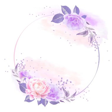 Mor, pembe güller ve yuvarlak yapraklarla suluboya çiçek çerçevesi. Düğün şablonu, doğum günü, tebrik kartı tasarımı. El çizimi vektör illüstrasyonu 