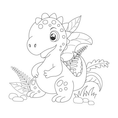 Hand-drawn cute baby dinosaur cartoon dino is sitting on leafy plant. Vector illustration for coloring book on white background.Drawing line contour.   clipart