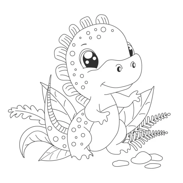 Handgezeichneter Niedlicher Baby Dinosaurier Cartoon Dino Sitzt Auf Einer Blattpflanze — Stockvektor