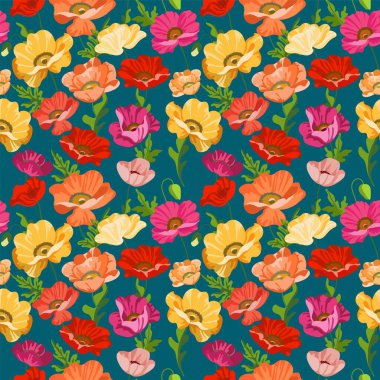 Mavi arka planda el çizimi çiçek desenleri olan kusursuz gelincik deseni. Arka plan için çiçek süsü, duvar kağıdı, tebrik kartı, ambalaj, baskı, kumaş, tekstil. Vektör illüstrasyonu. 