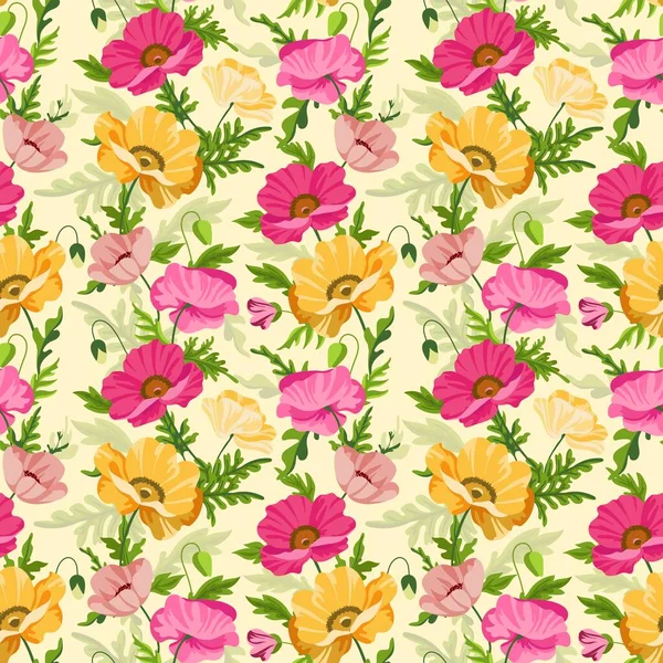 Motif Fleur Pavot Sans Couture Avec Fleurs Colorées Dessinées Main — Image vectorielle