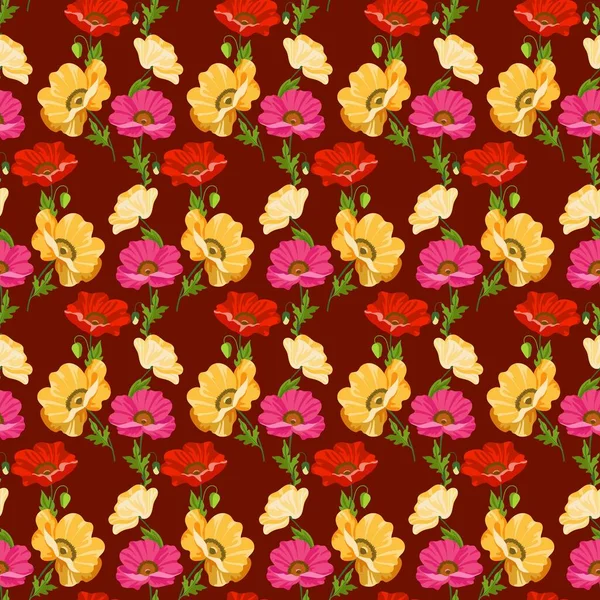 Bezešvé Mák Květinový Vzor Ručně Kreslené Barevné Květy Tmavě Červené — Stockový vektor