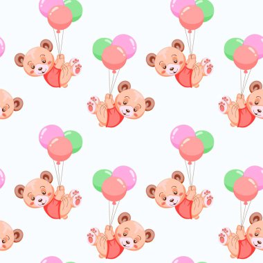Balonların üzerinde uçan sevimli oyuncak ayılarla el çizimi, pürüzsüz şablon. Tatil tasarımı bebek partileri, geçmiş, ambalaj, ambalaj kağıdı, doğum günü, parti. Vektör illüstrasyonu. 