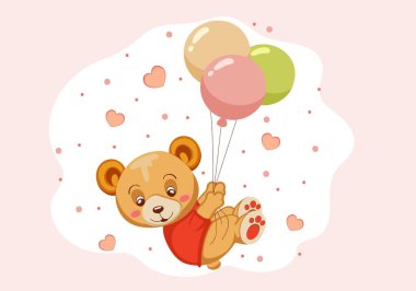 Pembe arka planda, balonların üzerinde uçan kalpleri olan mutlu, küçük bir ayı çizgi filmi. Ayrı tasarım öğesi tebrik kartı, doğum günü, anneler günü, sevgililer günü, bebek partisi, parti, davetiye. Vektör 