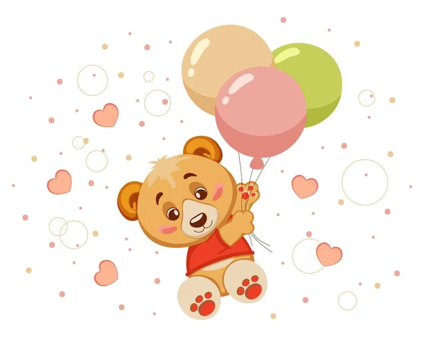 Раскрашенный Милый Плюшевый Медвежонок Летающие Воздушные Шары Фоне Розовых Сердец — стоковый вектор