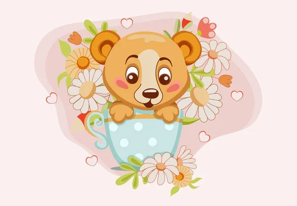 Cubo Urso Bonito Uma Xícara Azul Com Flores Corações Estilo — Vetor de Stock