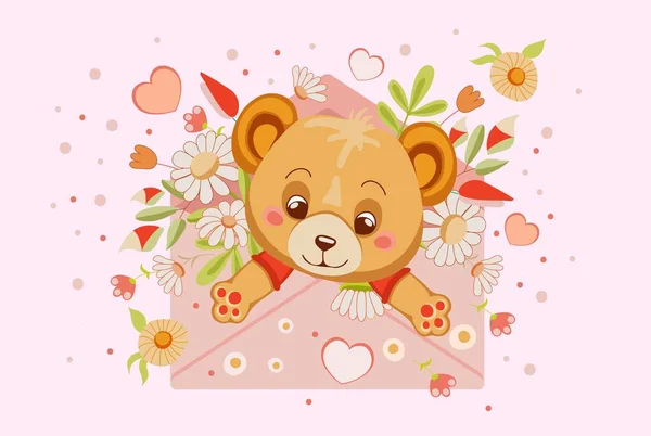 Painted Cartoon Cute Bear Pink Envelope Flowers Hearts Isolated Greeting — Stock Vector