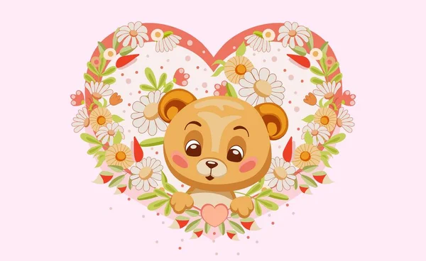 만화에서는 꽃무늬 귀여운 베어를 손으로 그렸다 어머니 발렌타인데이 카드를 별도의 — 스톡 벡터