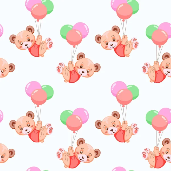 Hand drawn seamless template with cute teddy bears flying on balloons. Holiday design baby showers, background, packaging, wrapping paper, birthday, party. Vector illustration. 