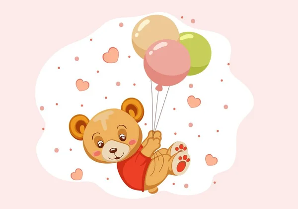 Desenhos Animados Feliz Pequeno Urso Bonito Fundo Rosa Com Corações — Vetor de Stock
