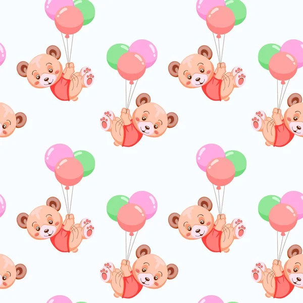 Handgezeichnete Nahtlose Vorlage Mit Niedlichen Teddybären Die Auf Luftballons Fliegen — Stockvektor