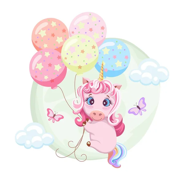 Dessin Joli Bébé Licorne Rose Volant Sur Fond Ballons Ciel — Image vectorielle