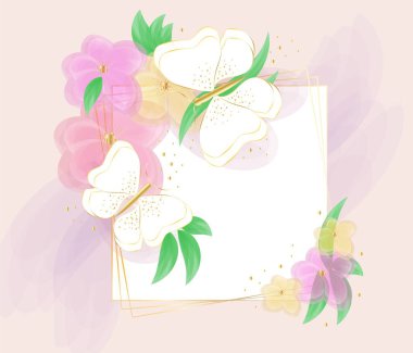 Zarif çiçekli beyaz yapraklı altın. Suluboya çiçekler ve bej rengi menekşe renginde beyaz kelebekler. Tebrik kartı, davetiye, gönderi, sosyal medya, baskı tasarımı. Vektör illüstrasyonu   