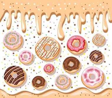 Drawing frame of drawn glazed donuts on white background. White and black chocolate, pink, dripping sweet drops. Design template for menu, greeting card, banner, invitation, holiday, birthday party clipart