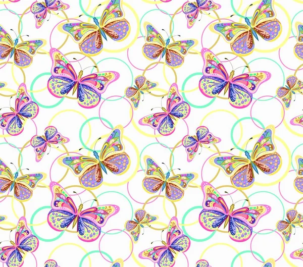 Nahtloses Muster Mit Farbigen Schmetterlingen Blumen Und Kreisen Auf Weißem — Stockvektor