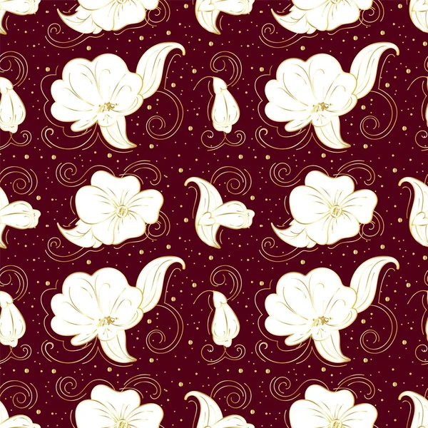 Seamless Abstract Background Ornament Drawn White Flowers Swirls Dark Background — Stock Vector