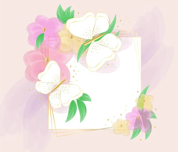 Elegáns Virágos Keret Fehér Levél Arannyal Akvarell Virágok Fehér Pillangók — Stock Vector