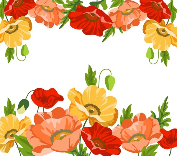 Cadre Floral Dessiné Main Fleurs Prairie Coquelicots Sur Fond Blanc — Image vectorielle