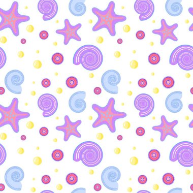 Çizgi film tarzında, deniz yıldızı ve deniz kabuklarıyla kusursuz bir deniz kabuğu deseni süsü. Beyaz arka planda izole edilmiş. Kumaş tasarımı, kapak, duvar kâğıdı, hatıra defteri. Çizim vektörü. 